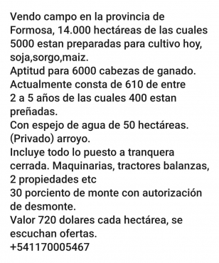 Campo Venta En Formosa Hectáreas Agrícola Ganadero